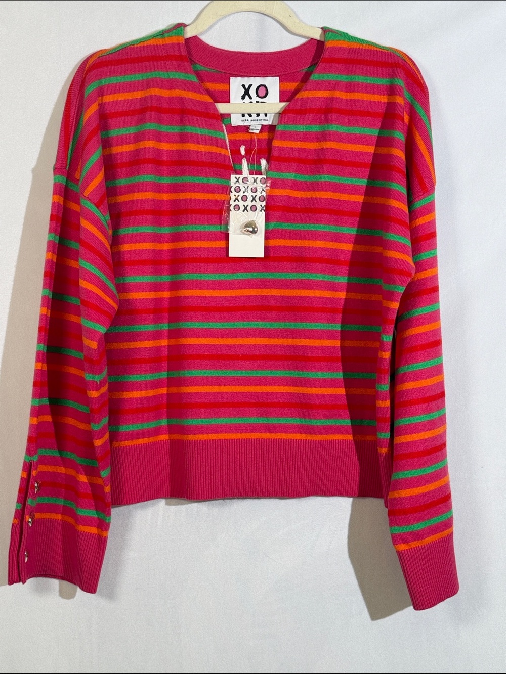 NWT Kerri Rosenthal XOKR V-neck Sweater Size L Pink Green Stripe